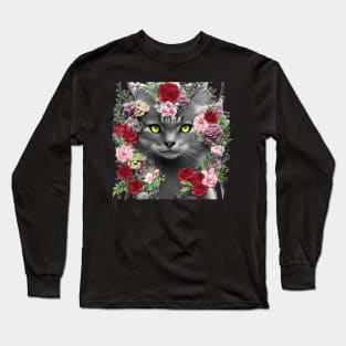 Beautiful Floral Gray Cat Long Sleeve T-Shirt